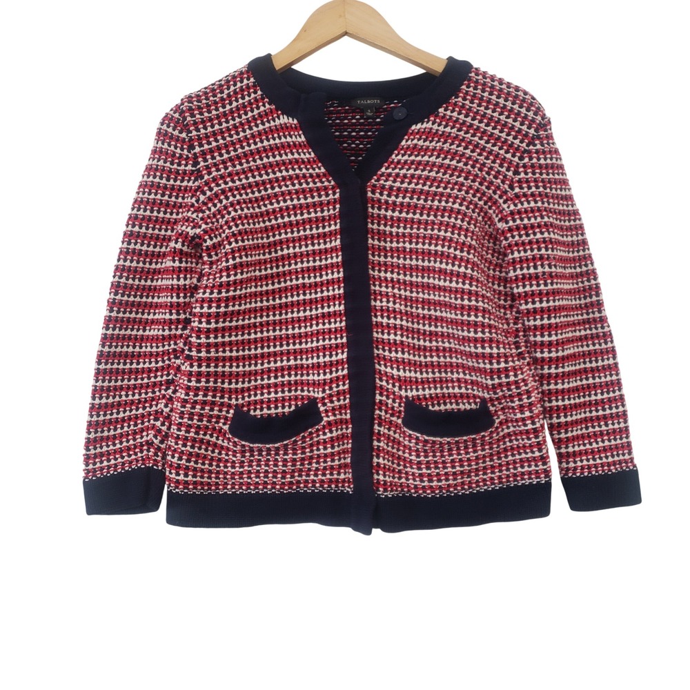 Talbots Cardigan Sweater Size S Red Basketweave Knit Snap Front Pocket Classic